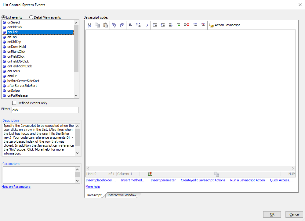 Use the Filter box to quickly find the event you're looking
for in the List Control System Events editor.